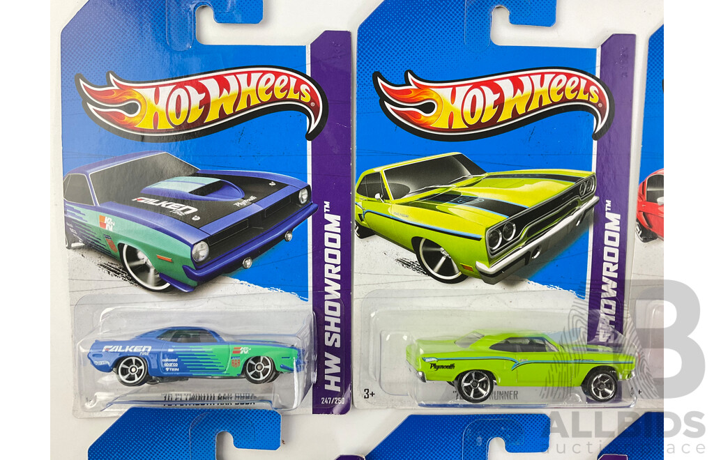 Ten Boxed Hot Wheels HW Showroom Vehicles Including Chevrolet SS, 1970 Plymouth, 1970 Road Runner