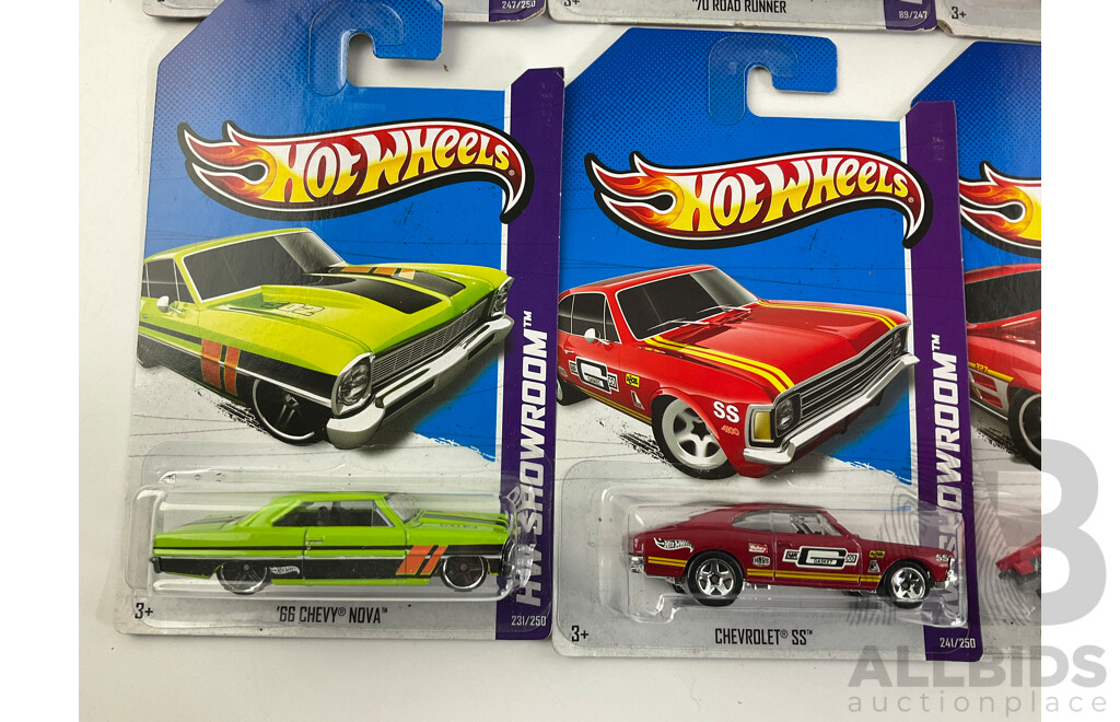 Ten Boxed Hot Wheels HW Showroom Vehicles Including Chevrolet SS, 1970 Plymouth, 1970 Road Runner