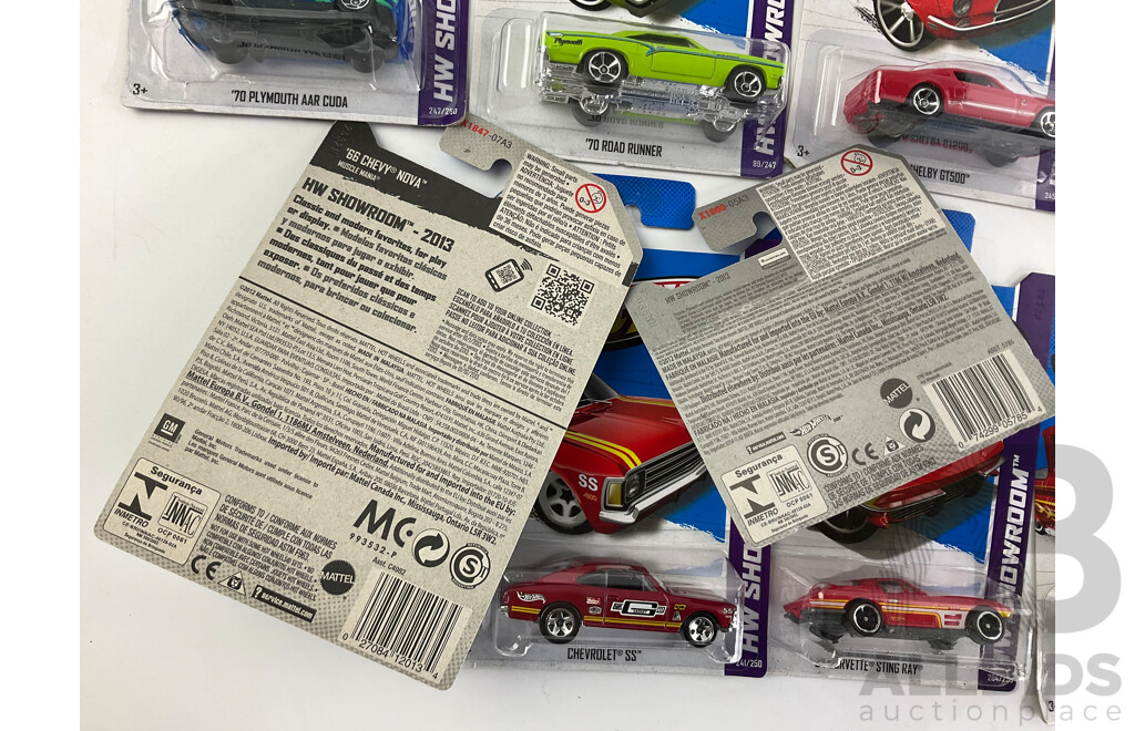 Ten Boxed Hot Wheels HW Showroom Vehicles Including Chevrolet SS, 1970 Plymouth, 1970 Road Runner