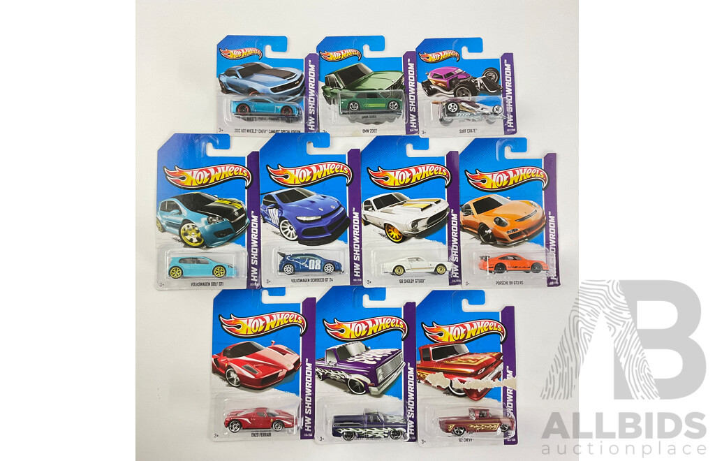 Ten Boxed Hot Wheels HW Showroom Vehicles Including 1968 Shelby GT500, 1983 Chevy Silverado, Surf Crate