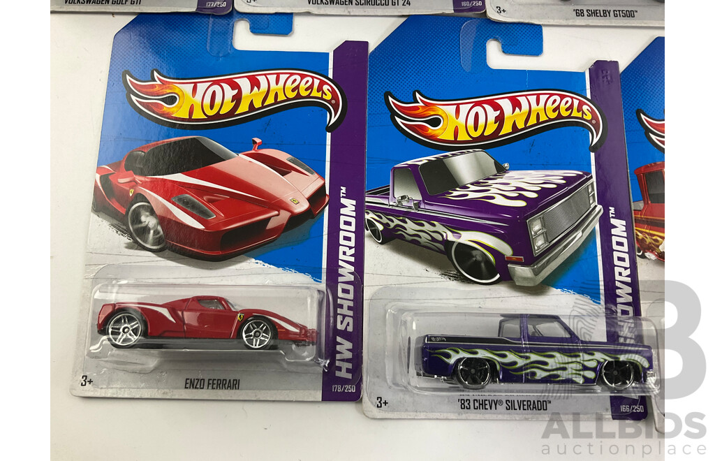 Ten Boxed Hot Wheels HW Showroom Vehicles Including 1968 Shelby GT500, 1983 Chevy Silverado, Surf Crate