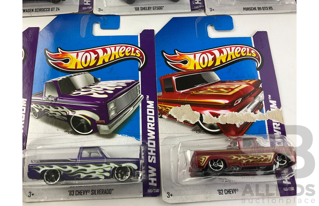 Ten Boxed Hot Wheels HW Showroom Vehicles Including 1968 Shelby GT500, 1983 Chevy Silverado, Surf Crate