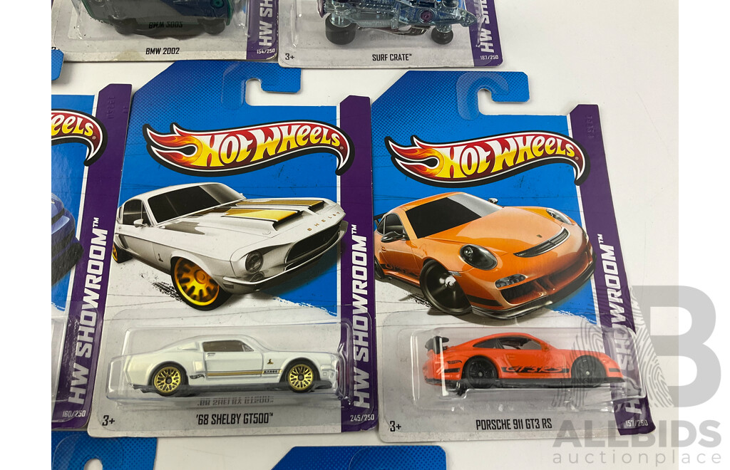 Ten Boxed Hot Wheels HW Showroom Vehicles Including 1968 Shelby GT500, 1983 Chevy Silverado, Surf Crate