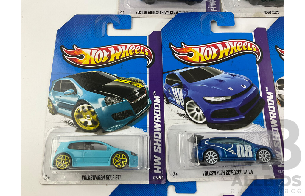 Ten Boxed Hot Wheels HW Showroom Vehicles Including 1968 Shelby GT500, 1983 Chevy Silverado, Surf Crate