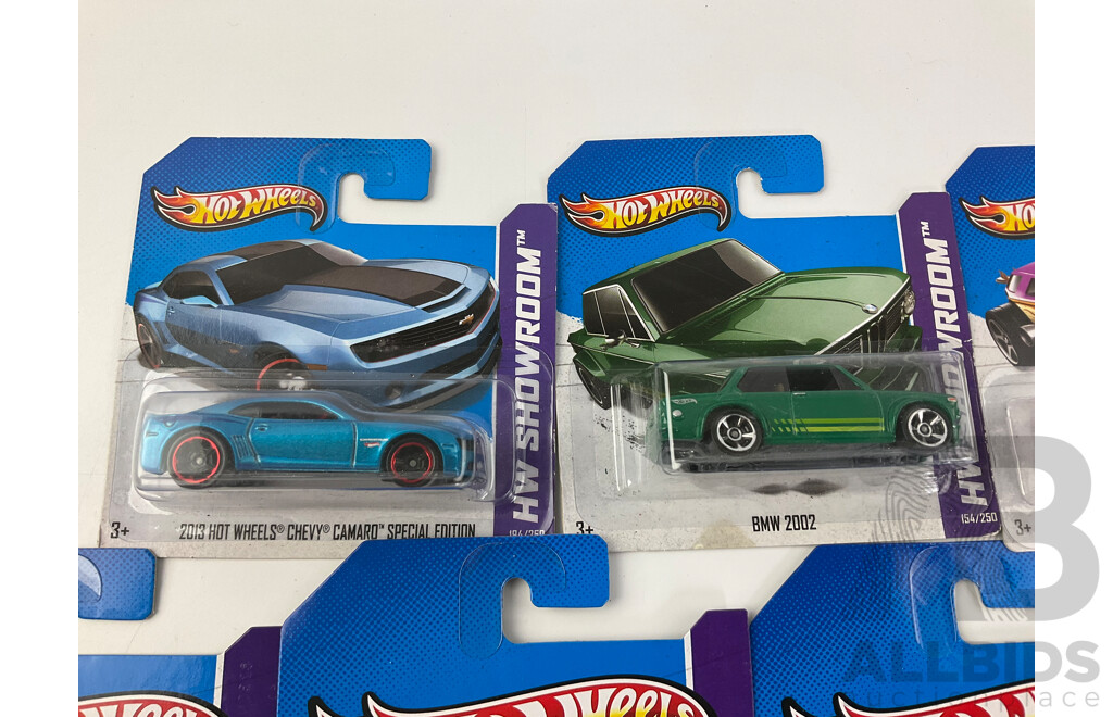 Ten Boxed Hot Wheels HW Showroom Vehicles Including 1968 Shelby GT500, 1983 Chevy Silverado, Surf Crate