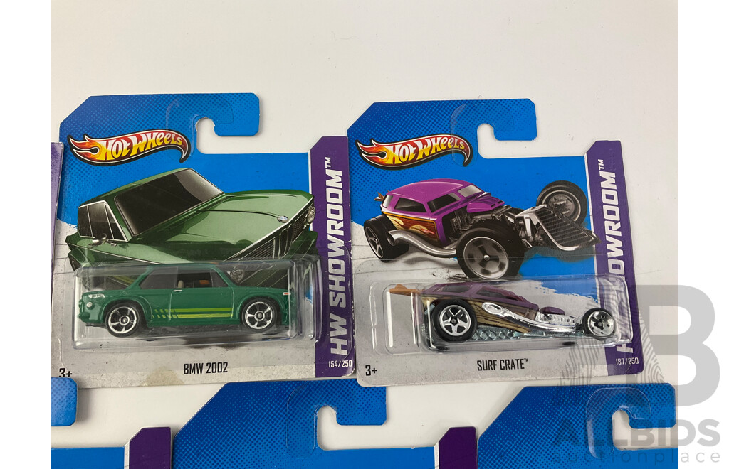 Ten Boxed Hot Wheels HW Showroom Vehicles Including 1968 Shelby GT500, 1983 Chevy Silverado, Surf Crate