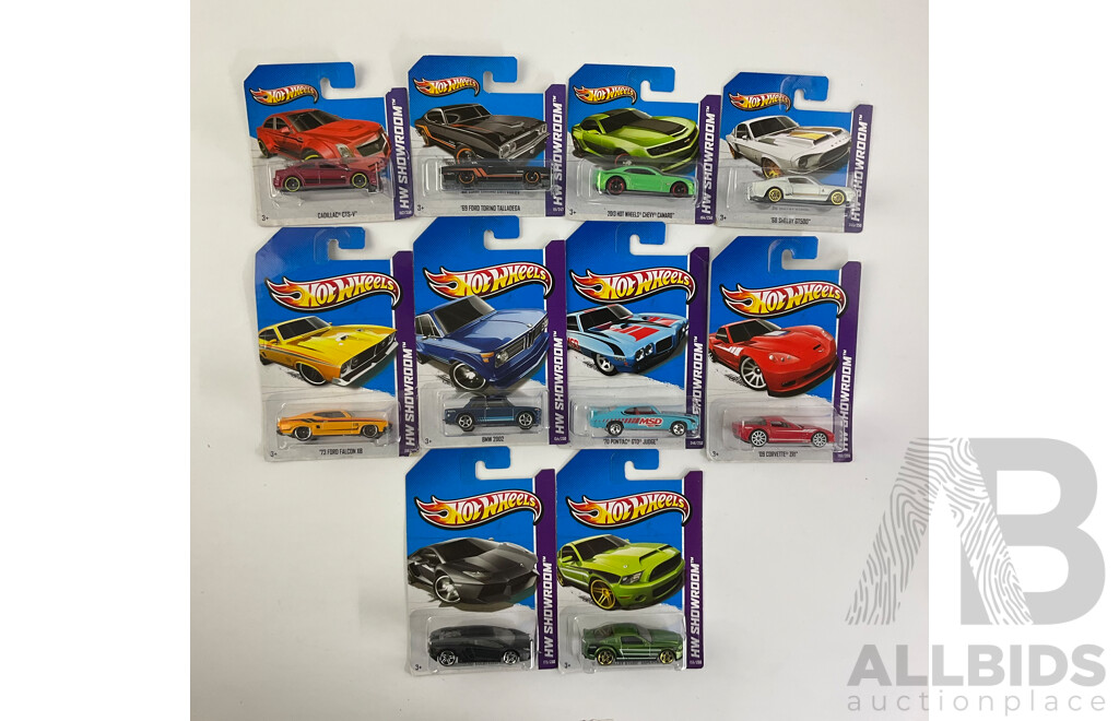 Ten Boxed Hot Wheels HW Showroom Vehicles Including 1973 XB Ford Falcon, 1970 Pontiac GTO Judge, 2009 Corvette ZR1