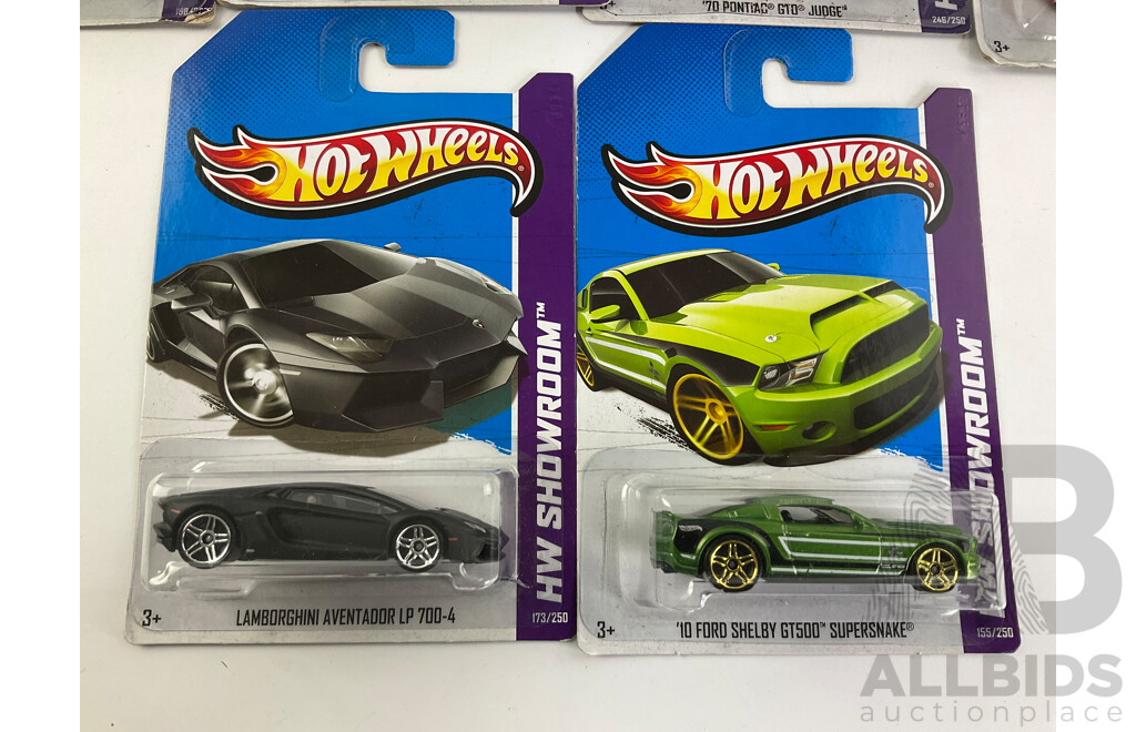 Ten Boxed Hot Wheels HW Showroom Vehicles Including 1973 XB Ford Falcon, 1970 Pontiac GTO Judge, 2009 Corvette ZR1