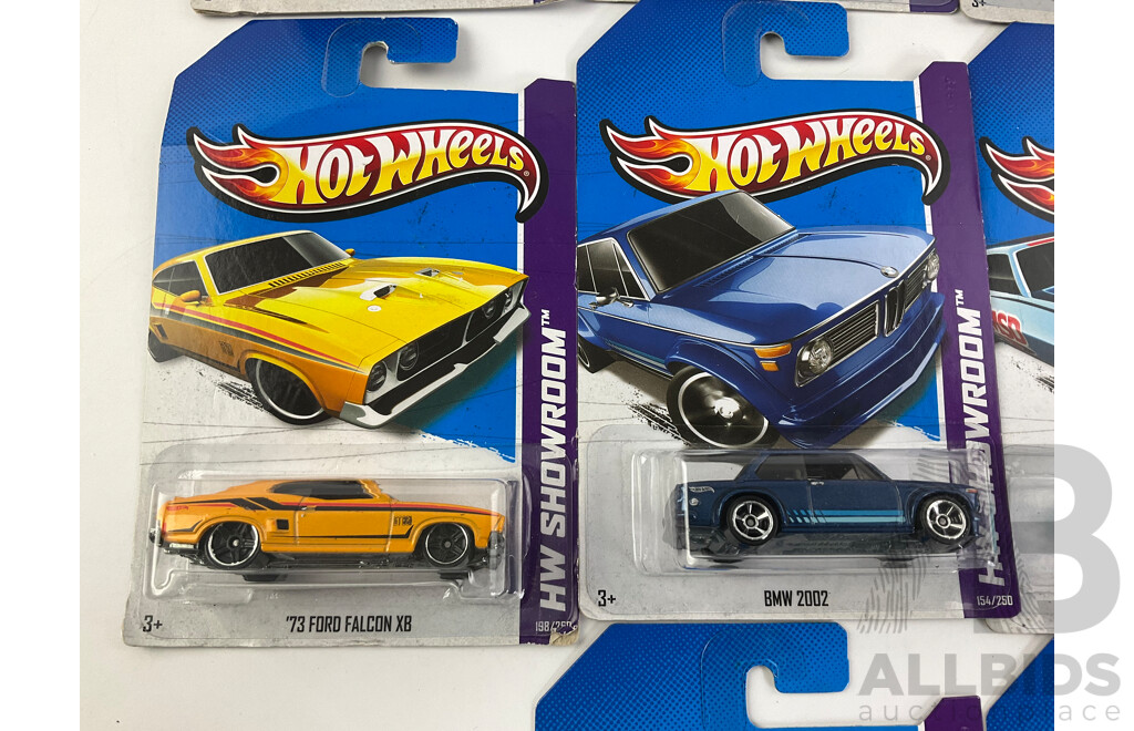 Ten Boxed Hot Wheels HW Showroom Vehicles Including 1973 XB Ford Falcon, 1970 Pontiac GTO Judge, 2009 Corvette ZR1