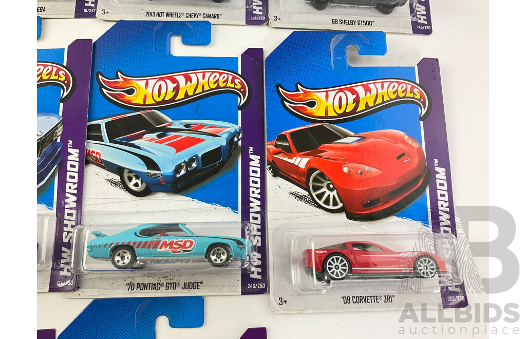 Ten Boxed Hot Wheels HW Showroom Vehicles Including 1973 XB Ford Falcon, 1970 Pontiac GTO Judge, 2009 Corvette ZR1