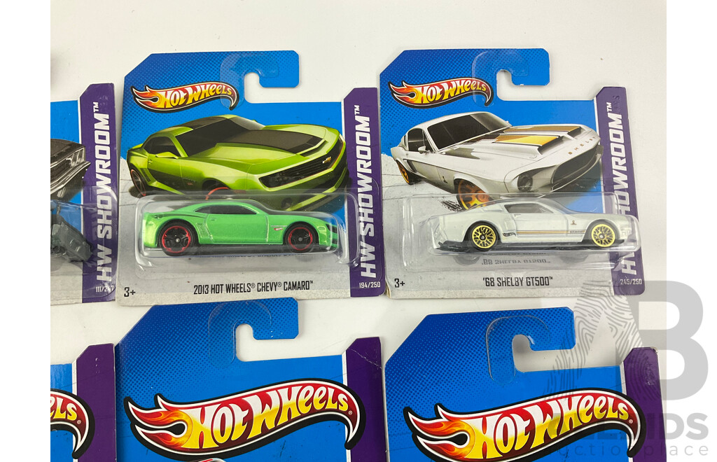 Ten Boxed Hot Wheels HW Showroom Vehicles Including 1973 XB Ford Falcon, 1970 Pontiac GTO Judge, 2009 Corvette ZR1