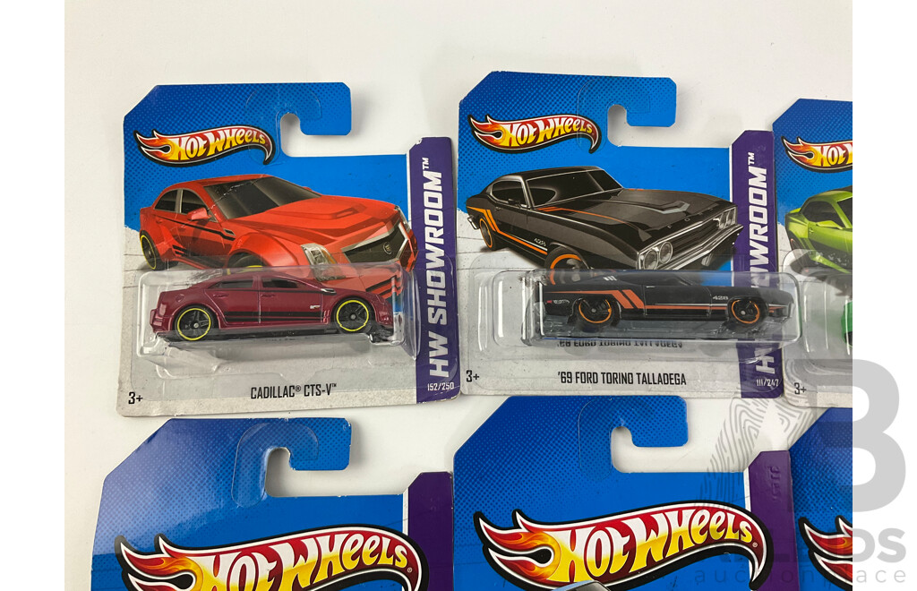 Ten Boxed Hot Wheels HW Showroom Vehicles Including 1973 XB Ford Falcon, 1970 Pontiac GTO Judge, 2009 Corvette ZR1