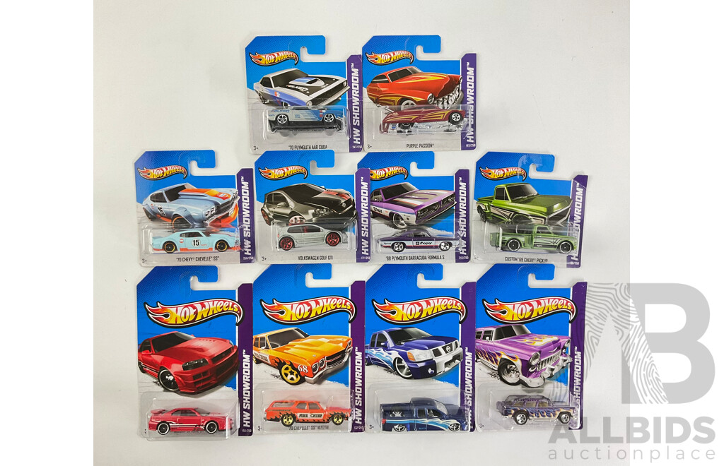 Ten Boxed Hot Wheels HW Showroom Vehicles Including Nissan Skyline GT-R R34, 1970 Chevelle SS Wagon, Classic Nomad