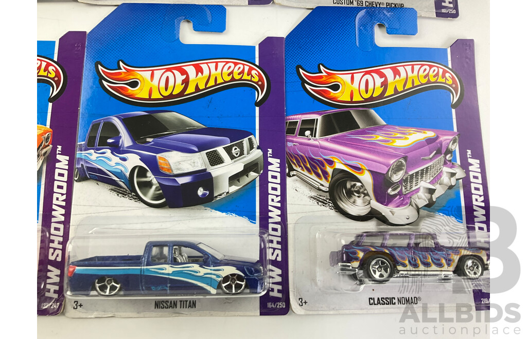 Ten Boxed Hot Wheels HW Showroom Vehicles Including Nissan Skyline GT-R R34, 1970 Chevelle SS Wagon, Classic Nomad