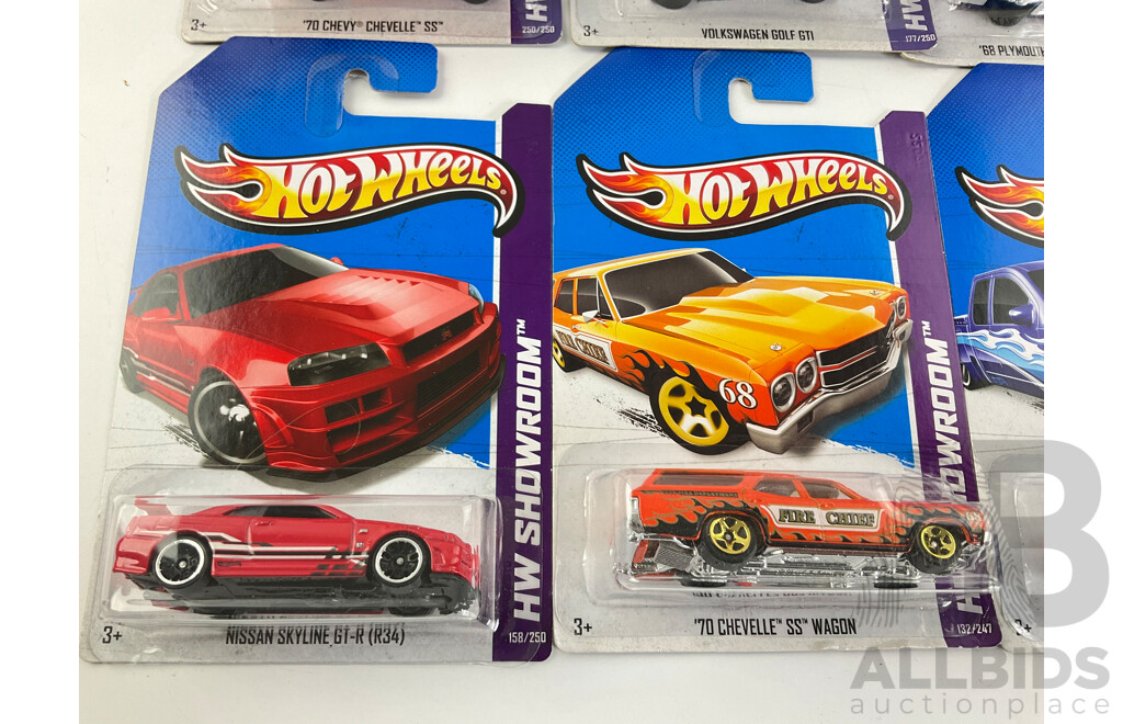 Ten Boxed Hot Wheels HW Showroom Vehicles Including Nissan Skyline GT-R R34, 1970 Chevelle SS Wagon, Classic Nomad