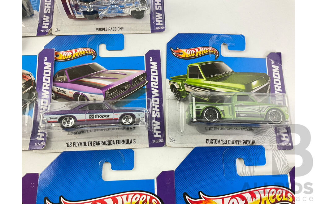 Ten Boxed Hot Wheels HW Showroom Vehicles Including Nissan Skyline GT-R R34, 1970 Chevelle SS Wagon, Classic Nomad