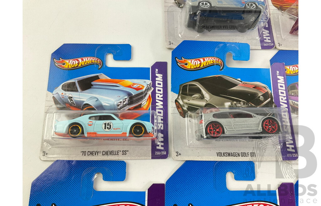 Ten Boxed Hot Wheels HW Showroom Vehicles Including Nissan Skyline GT-R R34, 1970 Chevelle SS Wagon, Classic Nomad