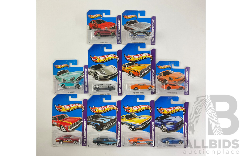 Ten Boxed Hot Wheels HW Showroom Vehicles Including Aston Martin DBS, 1968 Mercury Cyclone, 1964 Corvette Stingray