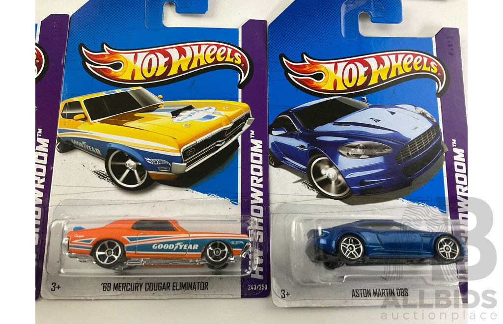 Ten Boxed Hot Wheels HW Showroom Vehicles Including Aston Martin DBS, 1968 Mercury Cyclone, 1964 Corvette Stingray