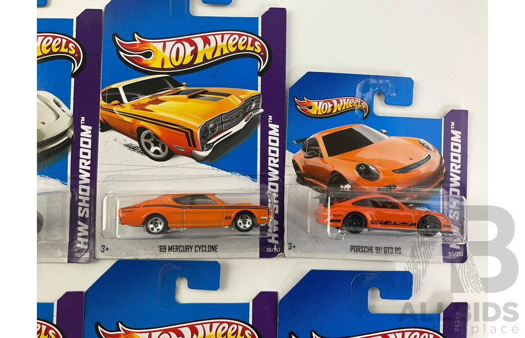 Ten Boxed Hot Wheels HW Showroom Vehicles Including Aston Martin DBS, 1968 Mercury Cyclone, 1964 Corvette Stingray