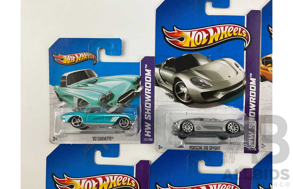 Ten Boxed Hot Wheels HW Showroom Vehicles Including Aston Martin DBS, 1968 Mercury Cyclone, 1964 Corvette Stingray