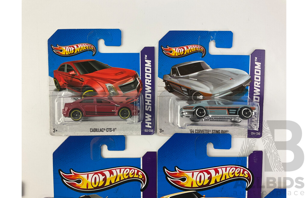 Ten Boxed Hot Wheels HW Showroom Vehicles Including Aston Martin DBS, 1968 Mercury Cyclone, 1964 Corvette Stingray