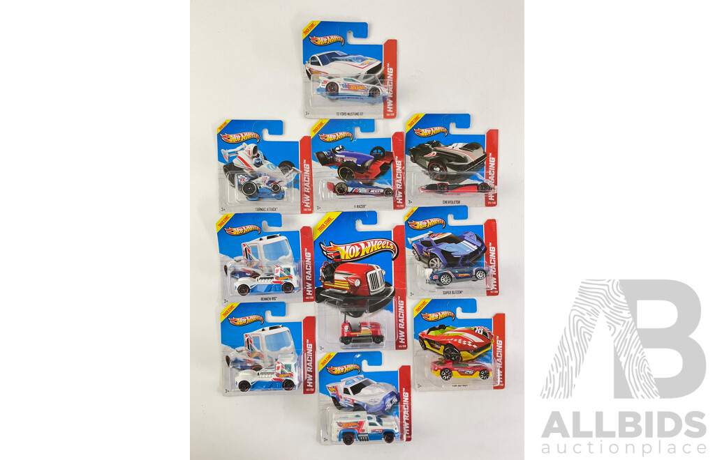 Ten Boxed Hot Wheels HW Racing Track Stars Vehicles Including Bump Around, Super Blitzen, F-Racer