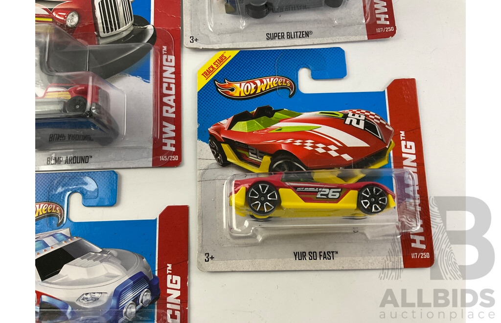 Ten Boxed Hot Wheels HW Racing Track Stars Vehicles Including Bump Around, Super Blitzen, F-Racer