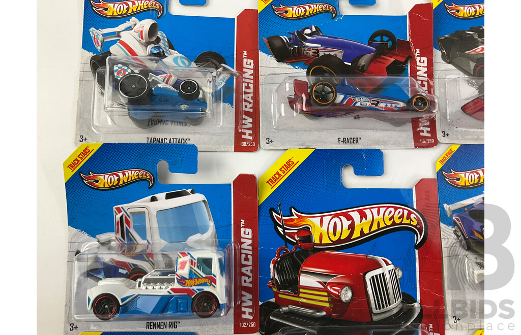 Ten Boxed Hot Wheels HW Racing Track Stars Vehicles Including Bump Around, Super Blitzen, F-Racer