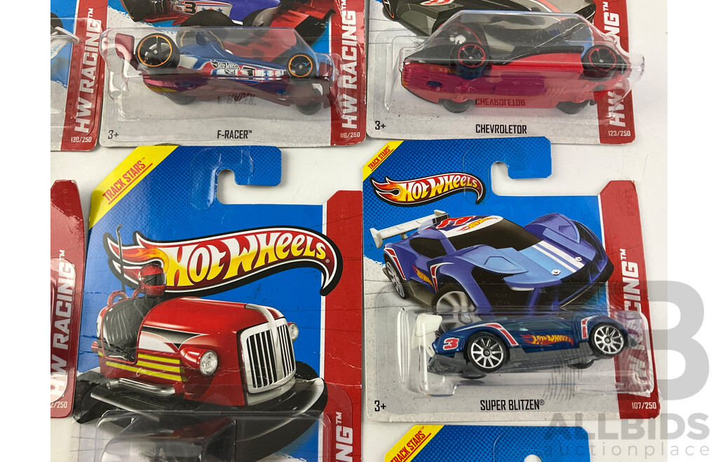 Ten Boxed Hot Wheels HW Racing Track Stars Vehicles Including Bump Around, Super Blitzen, F-Racer