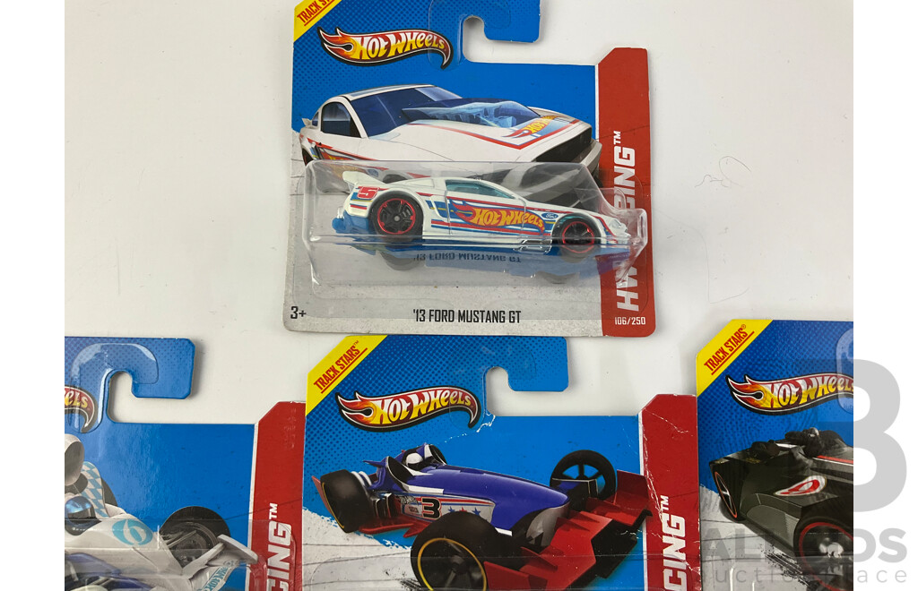 Ten Boxed Hot Wheels HW Racing Track Stars Vehicles Including Bump Around, Super Blitzen, F-Racer