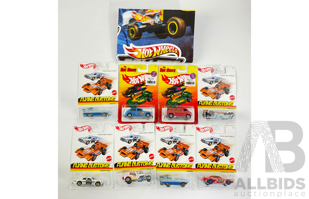 Eight Boxed Hot Wheels Flying Customs and 'The Hot Ones' Vehicles Including Sheriff Patrol, Amphicar, 70's Van with 2012 Hot Wheels Poster