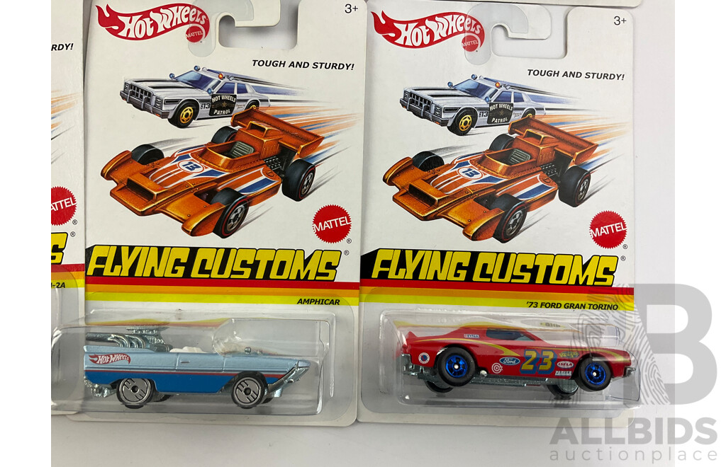 Eight Boxed Hot Wheels Flying Customs and 'The Hot Ones' Vehicles Including Sheriff Patrol, Amphicar, 70's Van with 2012 Hot Wheels Poster