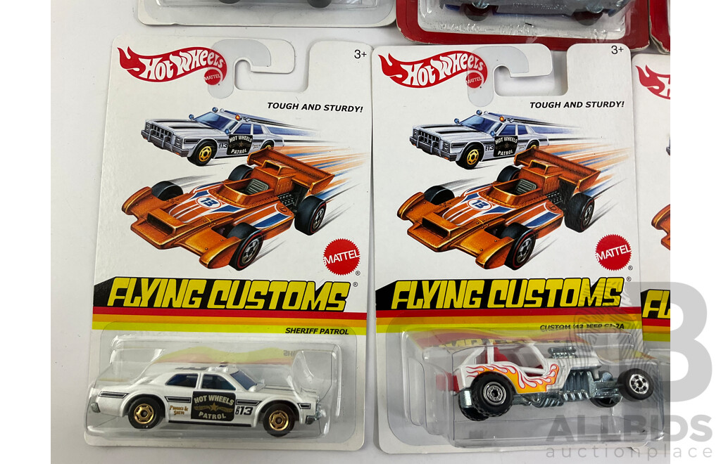 Eight Boxed Hot Wheels Flying Customs and 'The Hot Ones' Vehicles Including Sheriff Patrol, Amphicar, 70's Van with 2012 Hot Wheels Poster
