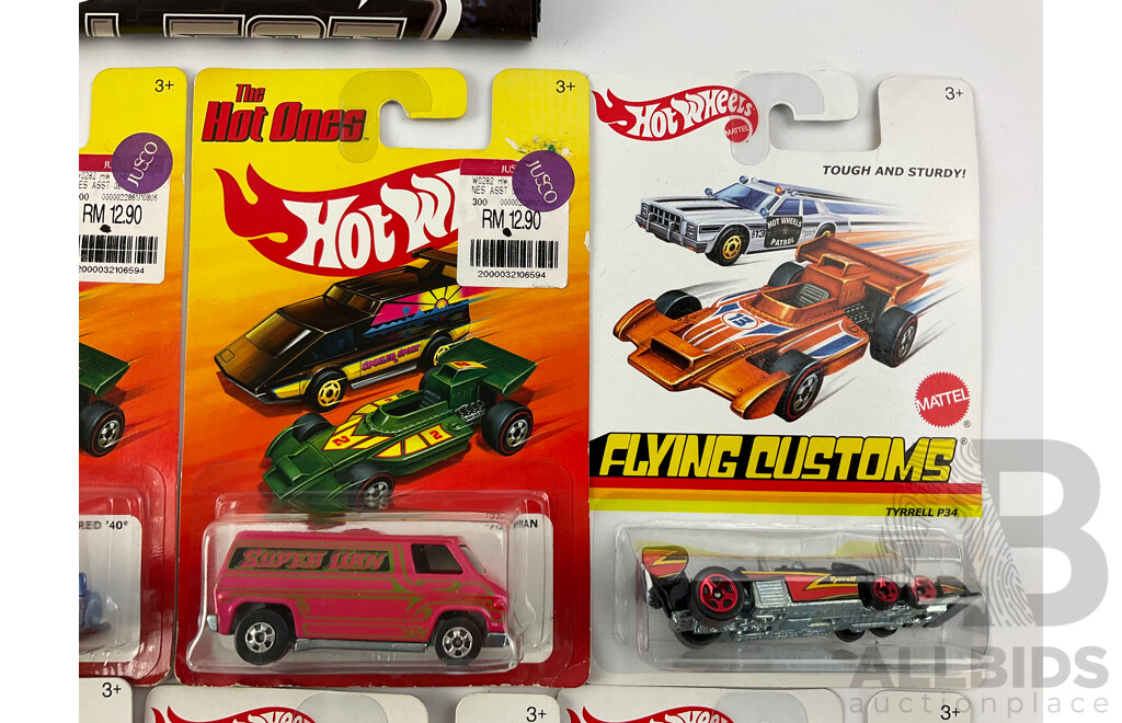 Eight Boxed Hot Wheels Flying Customs and 'The Hot Ones' Vehicles Including Sheriff Patrol, Amphicar, 70's Van with 2012 Hot Wheels Poster