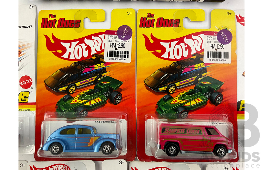 Eight Boxed Hot Wheels Flying Customs and 'The Hot Ones' Vehicles Including Sheriff Patrol, Amphicar, 70's Van with 2012 Hot Wheels Poster