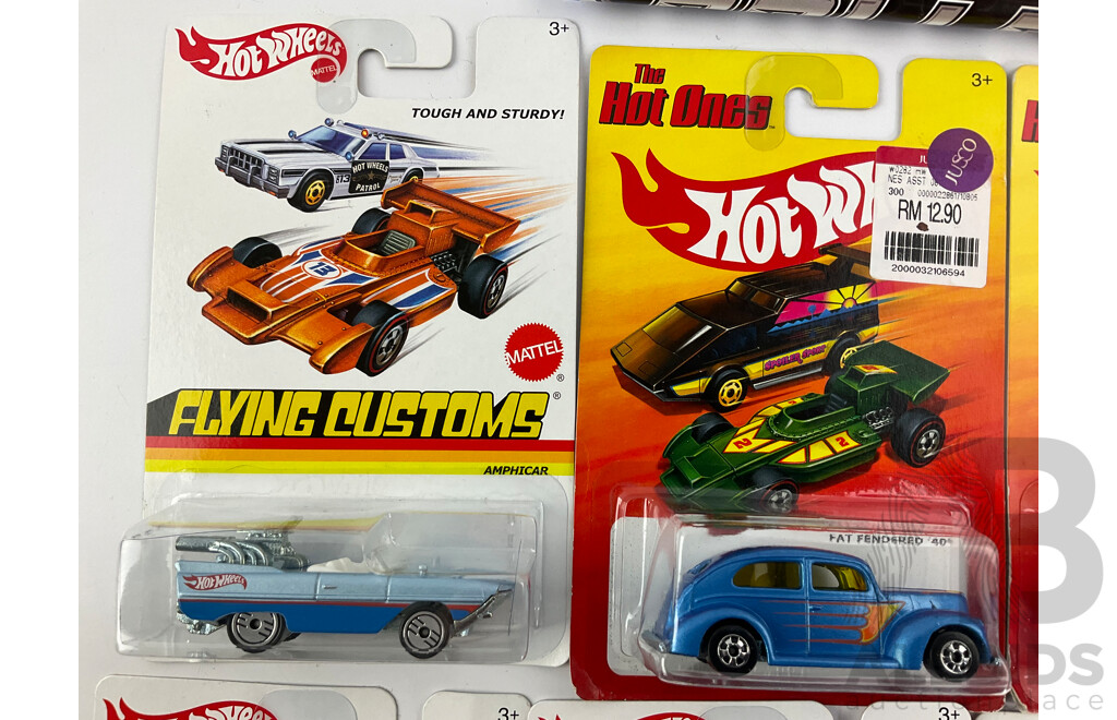 Eight Boxed Hot Wheels Flying Customs and 'The Hot Ones' Vehicles Including Sheriff Patrol, Amphicar, 70's Van with 2012 Hot Wheels Poster