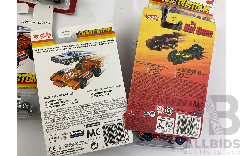 Eight Boxed Hot Wheels Flying Customs and 'The Hot Ones' Vehicles Including Sheriff Patrol, Amphicar, 70's Van with 2012 Hot Wheels Poster