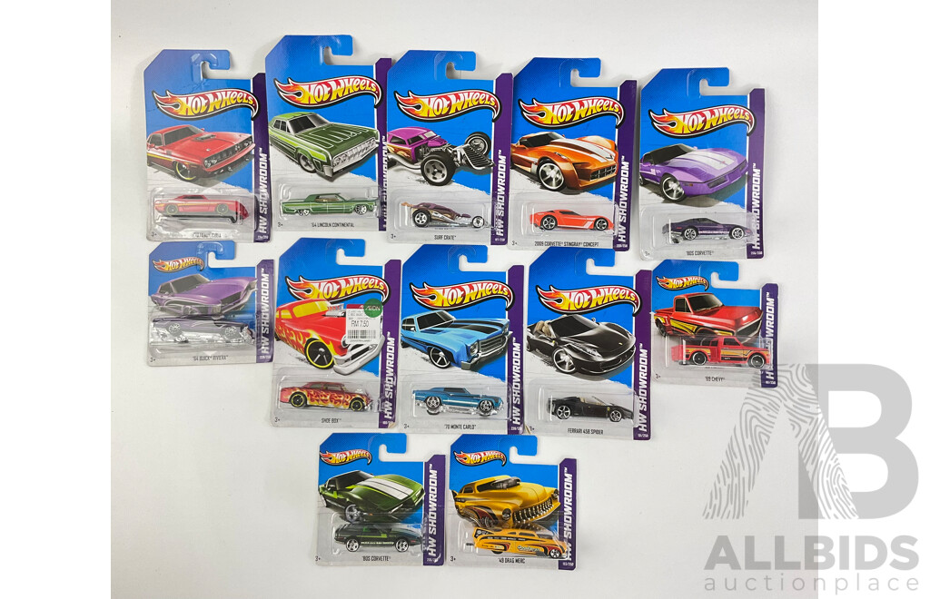 Twelve Boxed Hot Wheels HW Showroom Vehicles Including Shoe Box, 80's Corvette, 70 Hemi Cuda