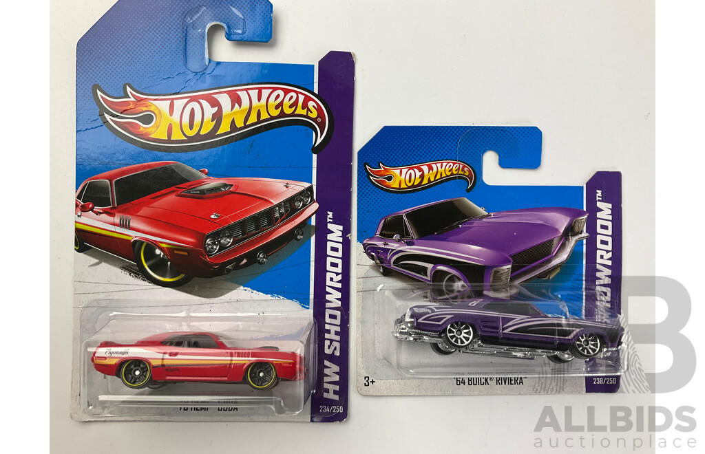 Twelve Boxed Hot Wheels HW Showroom Vehicles Including Shoe Box, 80's Corvette, 70 Hemi Cuda