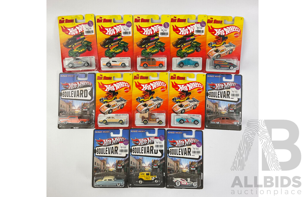 Thirteen Boxed Hot Wheels Diecast Vehicles Including 'The Hot Ones' and Boulevard