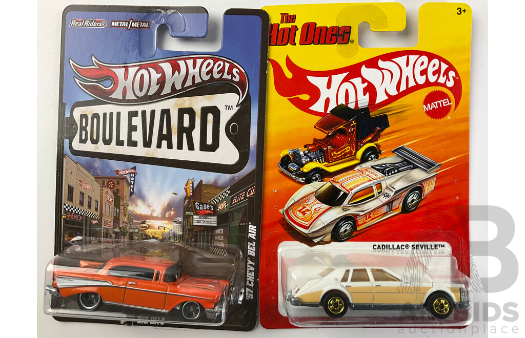 Thirteen Boxed Hot Wheels Diecast Vehicles Including 'The Hot Ones' and Boulevard