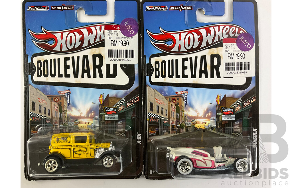 Thirteen Boxed Hot Wheels Diecast Vehicles Including 'The Hot Ones' and Boulevard