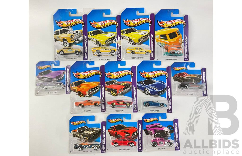 Twelve Boxed Hot Wheels HW Showroom Vehicles Including ''70 Pontiac GTO, ''71 El Camino, Bone Shaker