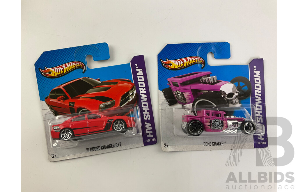 Twelve Boxed Hot Wheels HW Showroom Vehicles Including ''70 Pontiac GTO, ''71 El Camino, Bone Shaker