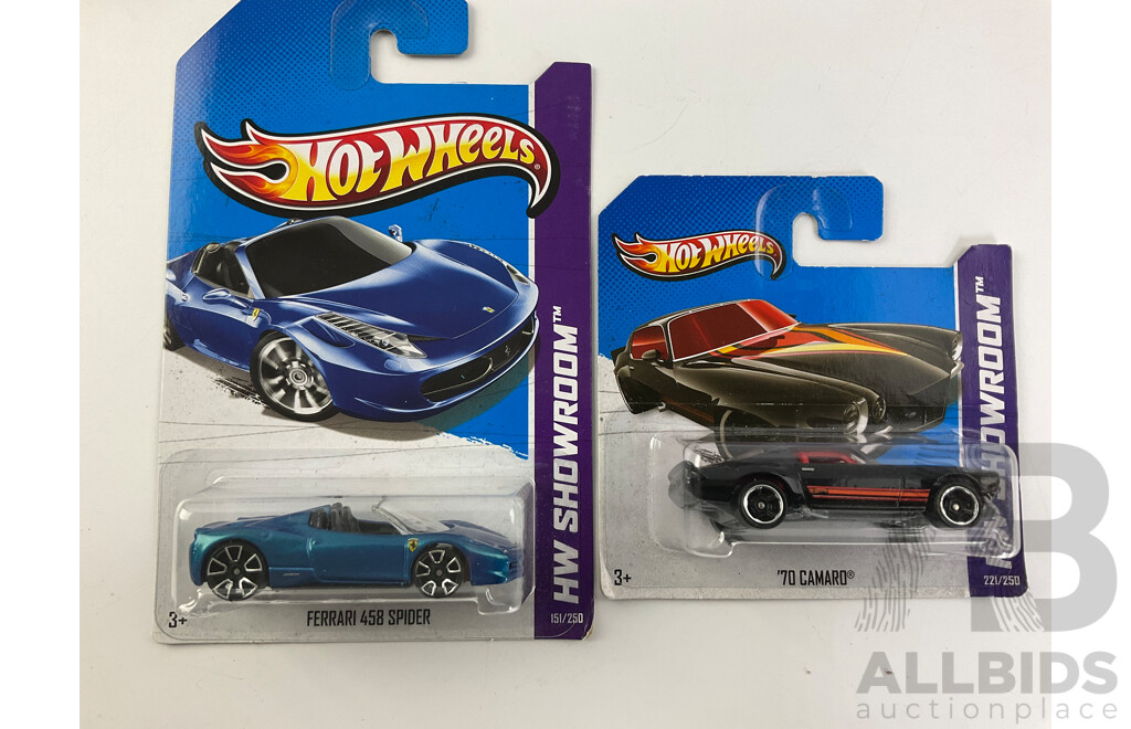 Twelve Boxed Hot Wheels HW Showroom Vehicles Including ''70 Pontiac GTO, ''71 El Camino, Bone Shaker