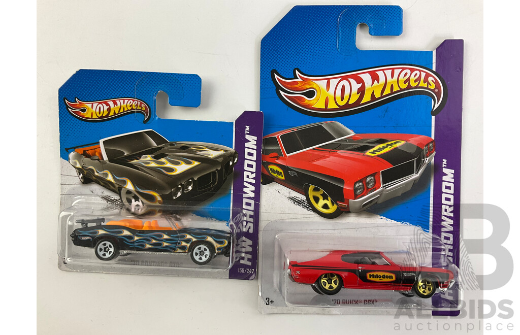 Twelve Boxed Hot Wheels HW Showroom Vehicles Including ''70 Pontiac GTO, ''71 El Camino, Bone Shaker