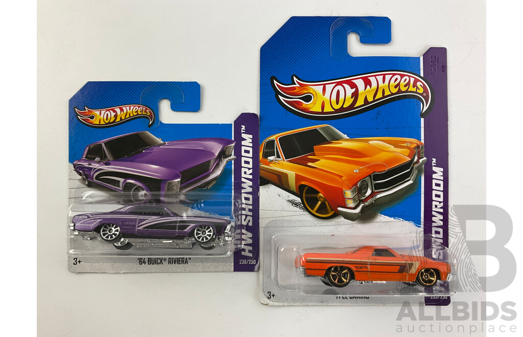 Twelve Boxed Hot Wheels HW Showroom Vehicles Including ''70 Pontiac GTO, ''71 El Camino, Bone Shaker