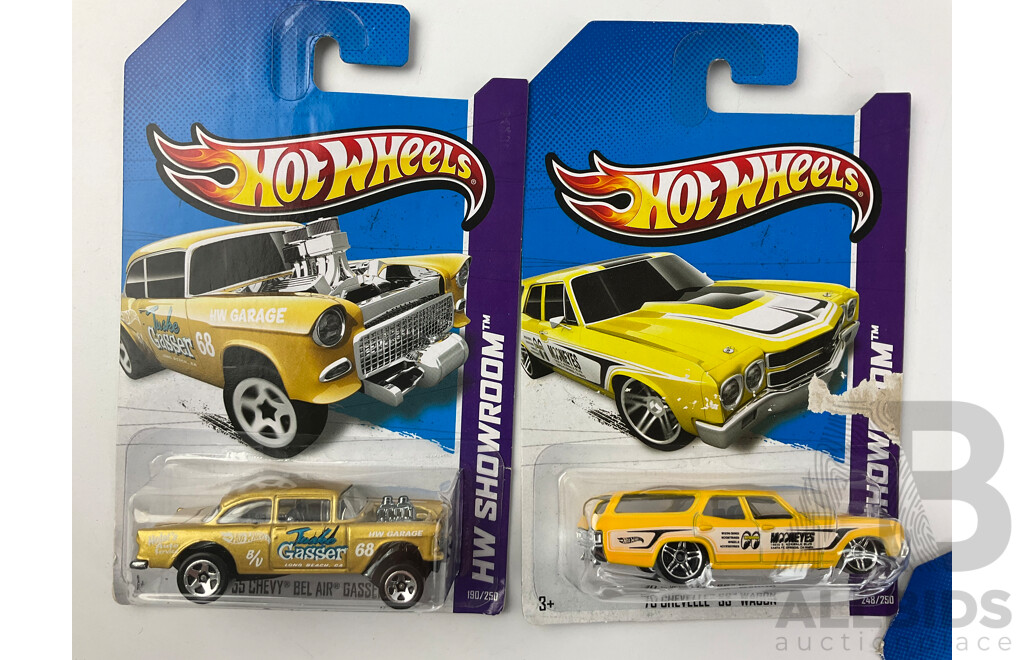 Twelve Boxed Hot Wheels HW Showroom Vehicles Including ''70 Pontiac GTO, ''71 El Camino, Bone Shaker