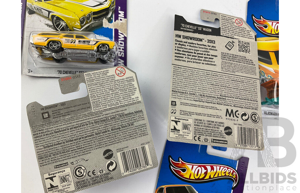 Twelve Boxed Hot Wheels HW Showroom Vehicles Including ''70 Pontiac GTO, ''71 El Camino, Bone Shaker